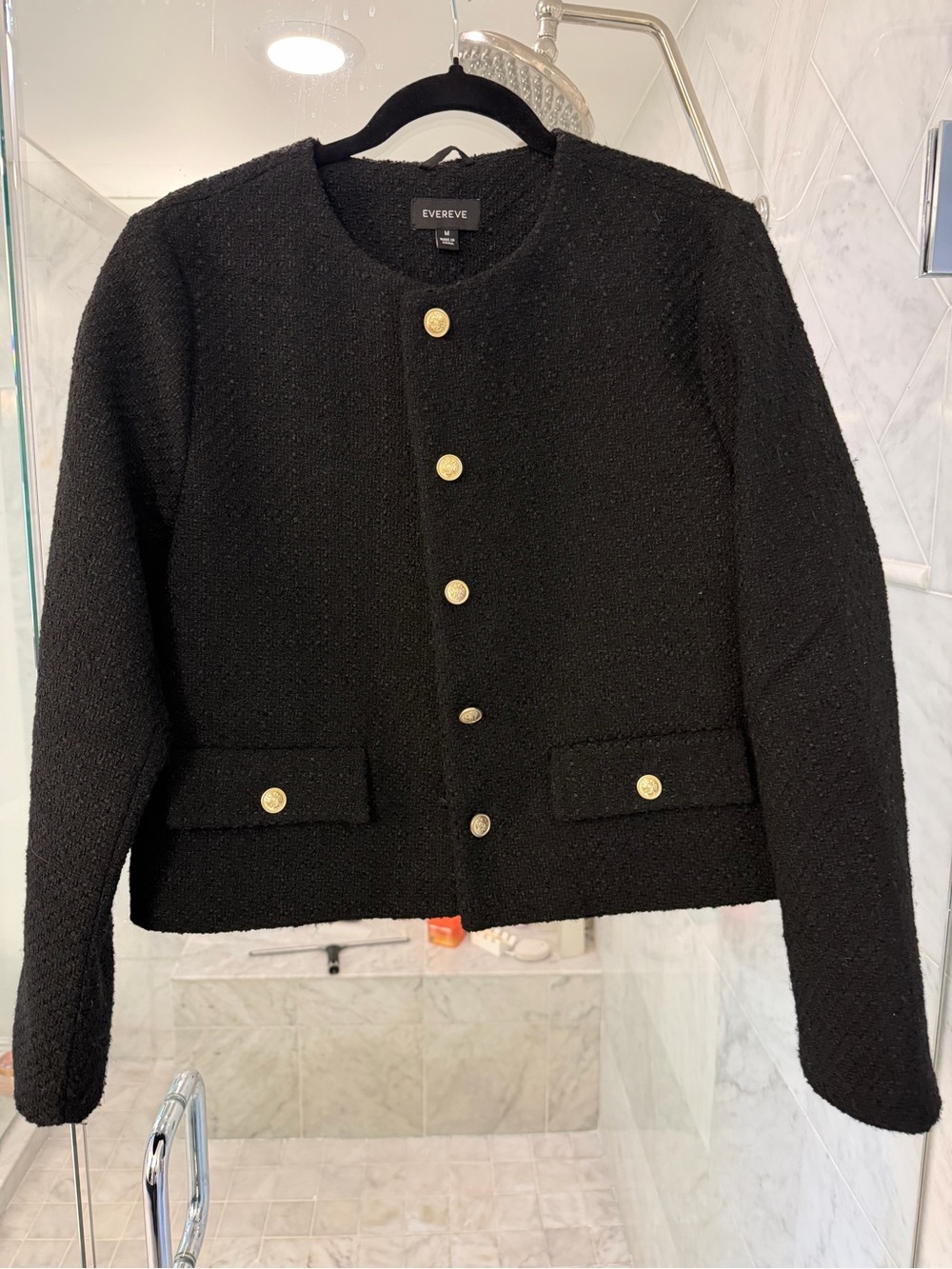 Evereve Black Bouclé Collarless Jacket with Gold Buttons